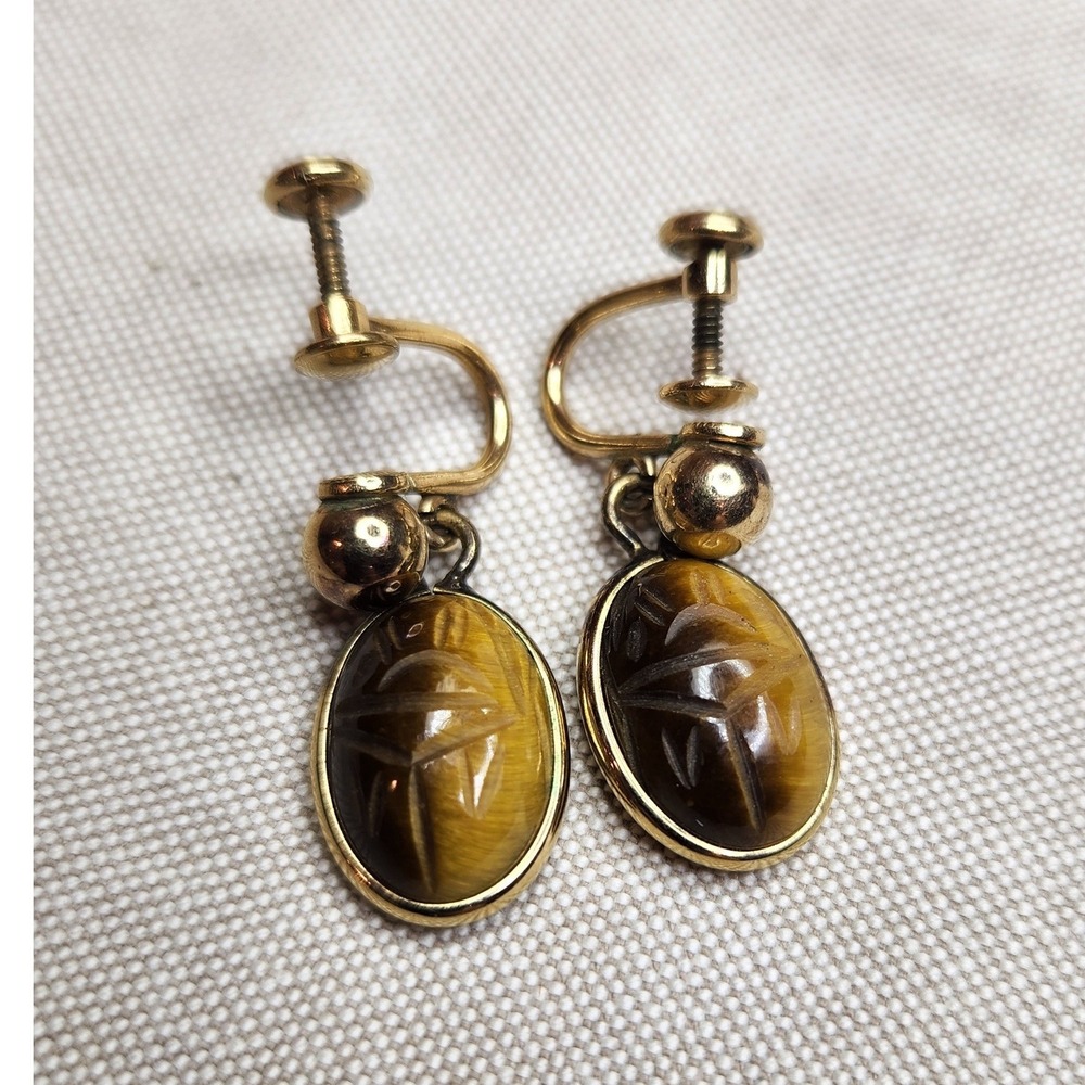 Vintage Van Dell 12KGF Tiger Eye‎ Carved Screw Back Earrings